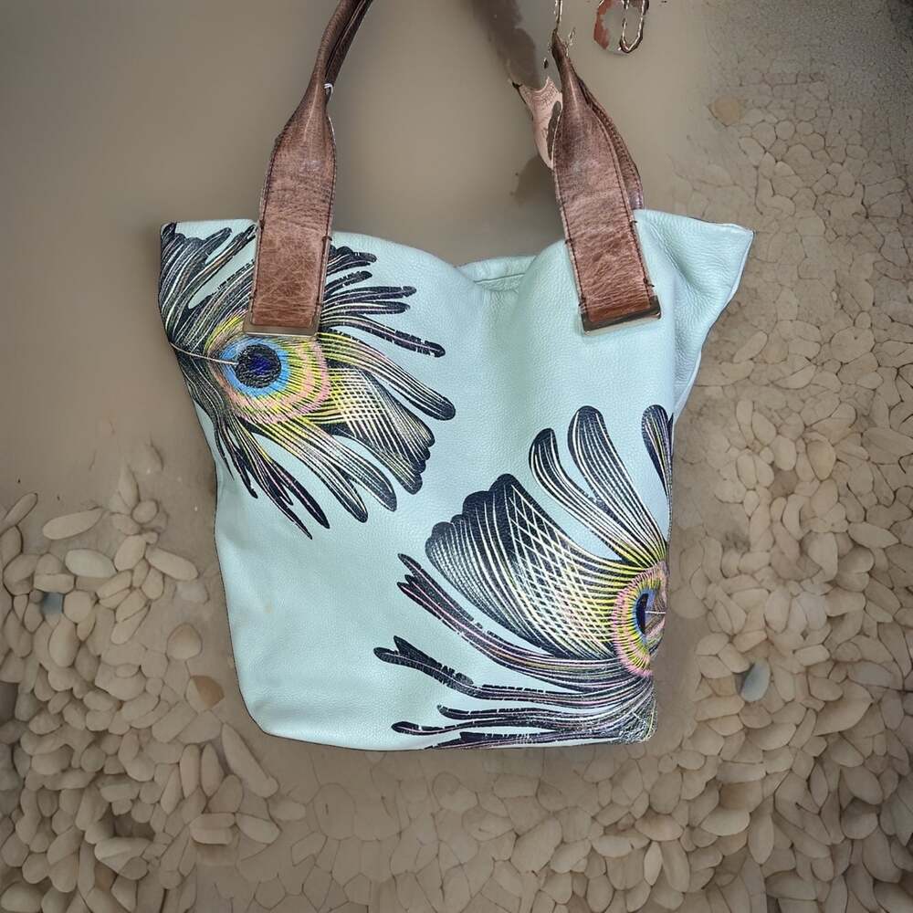 Elliott Lucca Peacock Print Leather Handbag Hand Painted Distressed Shoulder Bag
